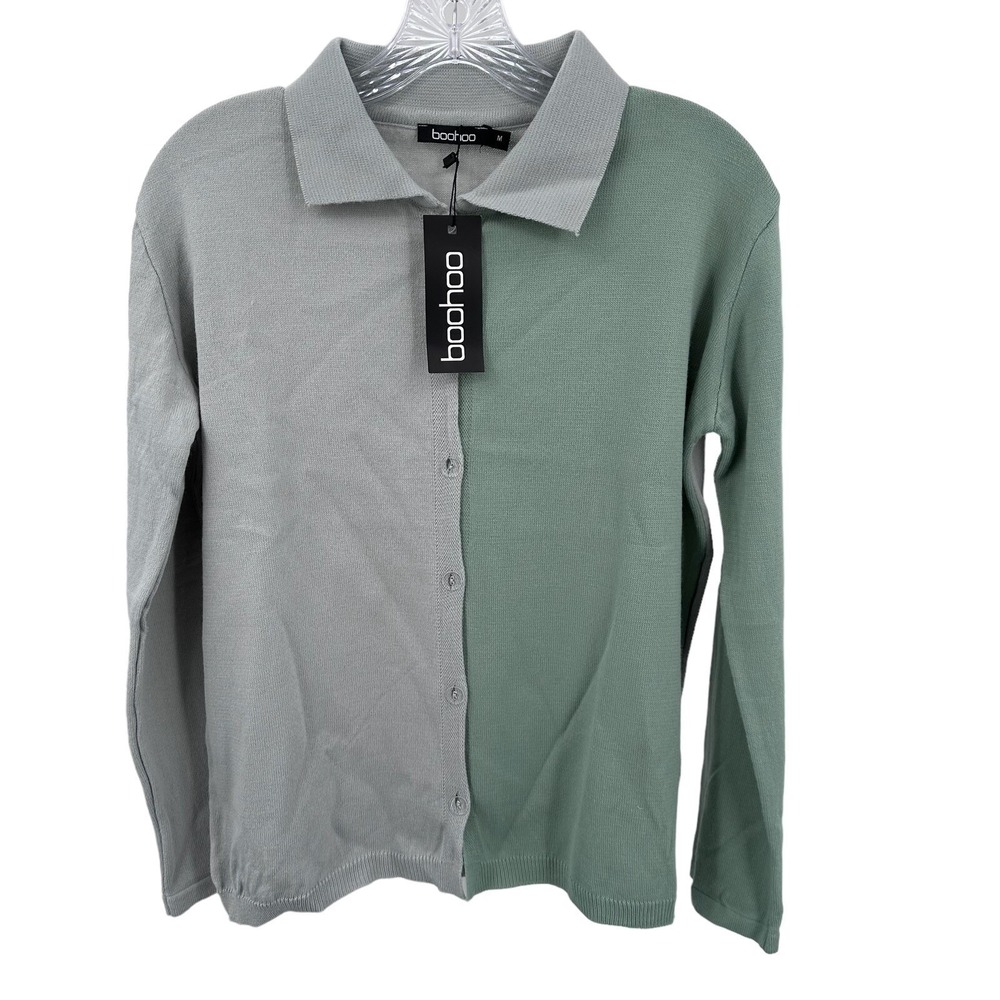 Boohoo Women M Color Block Knitted Shirt Sage Grey Button Up Polo FZZ26951 NEW